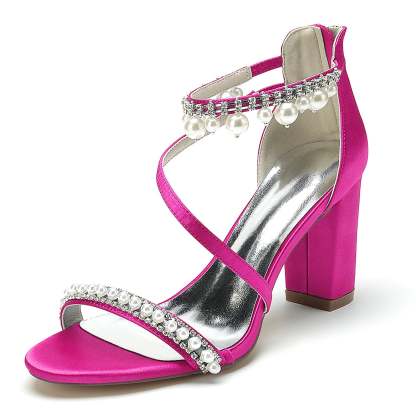 Bridal Shoes for Women with Open Toe Chunky Heel Rhinestone and Pearl Buckle