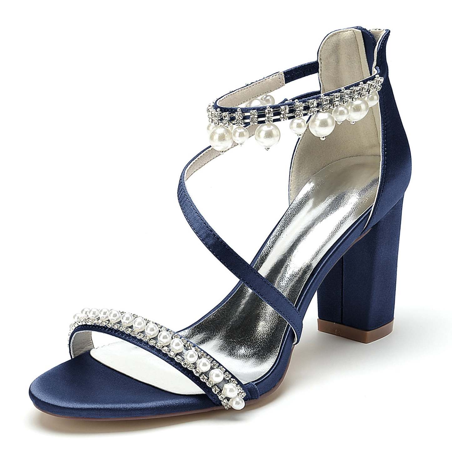 Bridal Shoes for Women with Open Toe Chunky Heel Rhinestone and Pearl Buckle