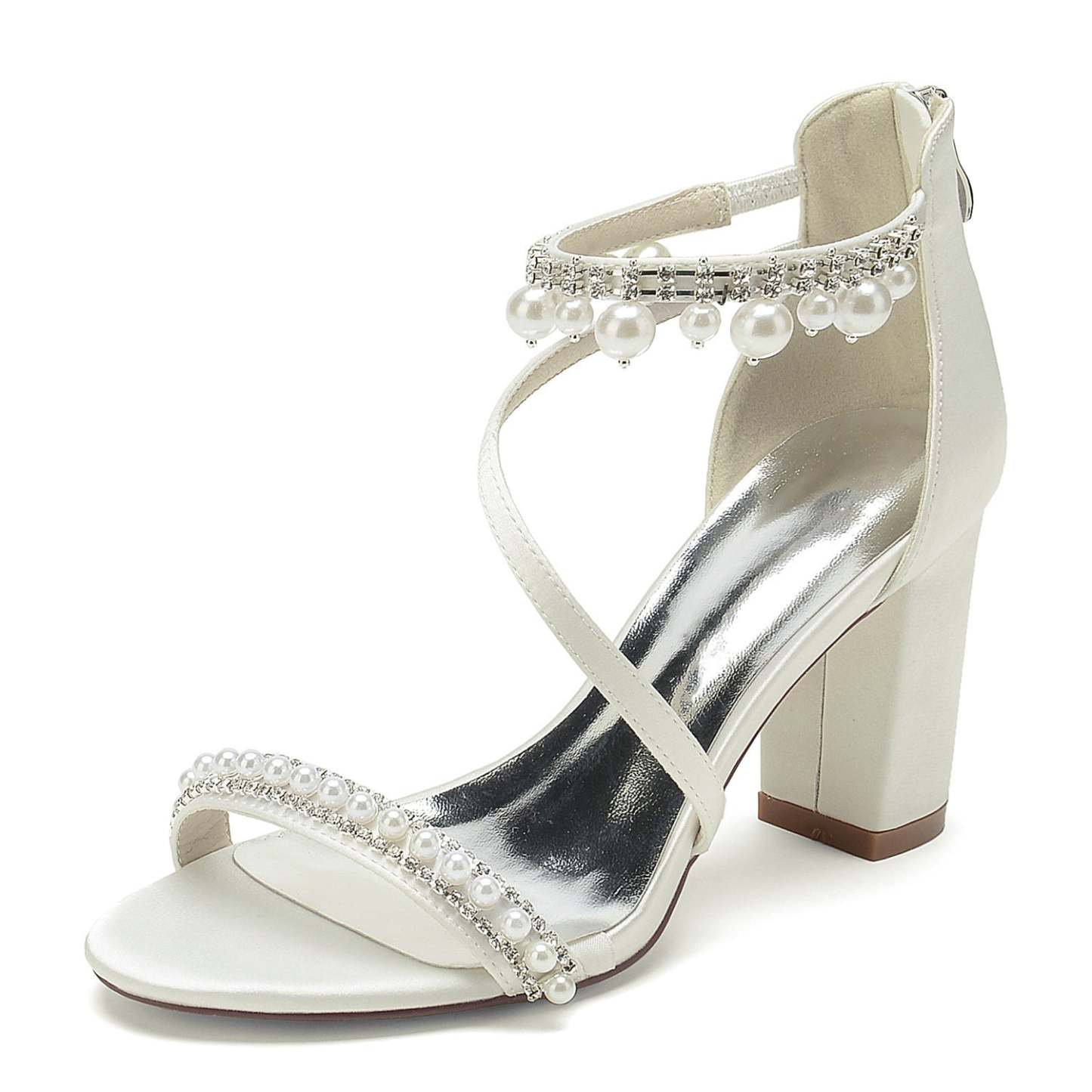 Bridal Shoes for Women with Open Toe Chunky Heel Rhinestone and Pearl Buckle