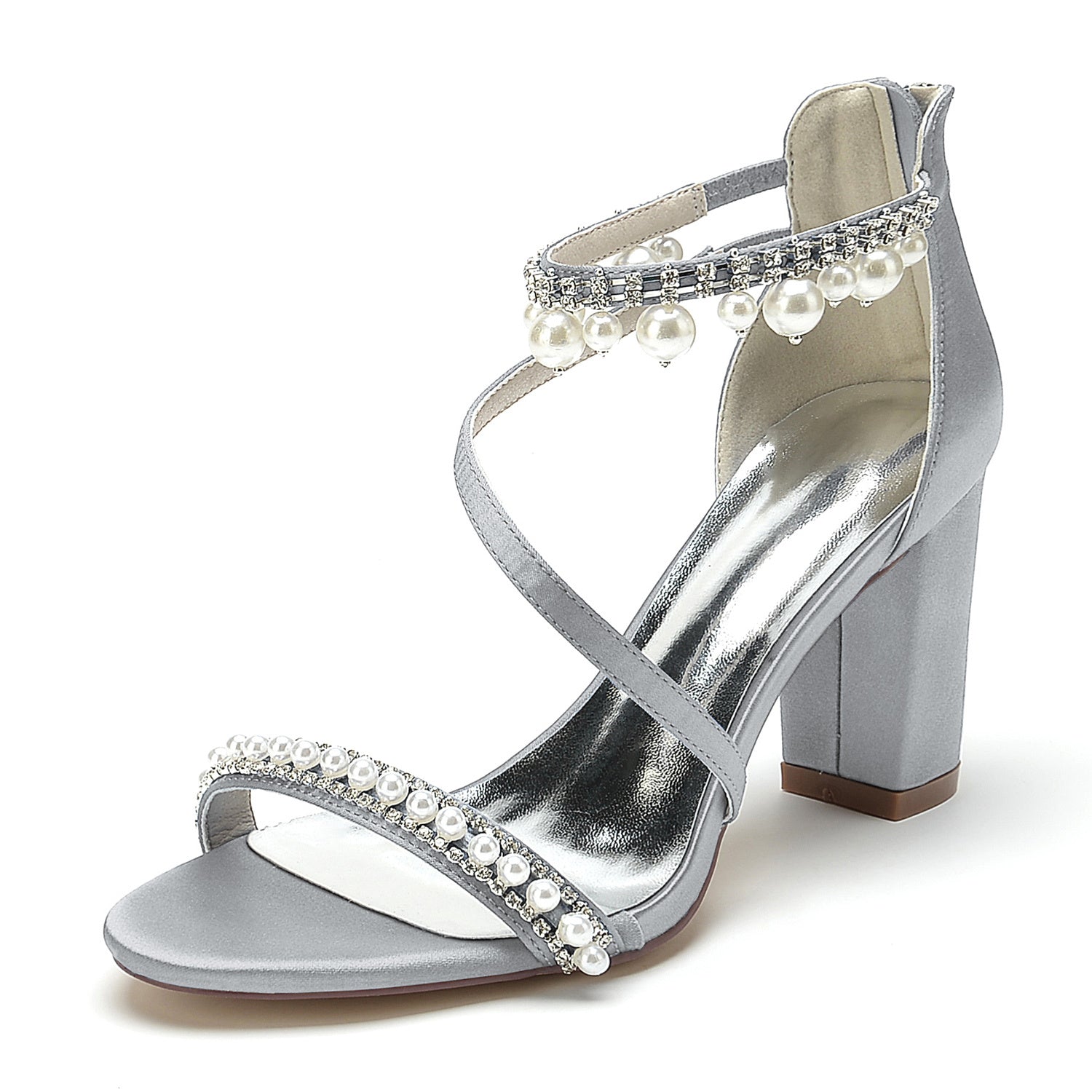 Bridal Shoes for Women with Open Toe Chunky Heel Rhinestone and Pearl Buckle