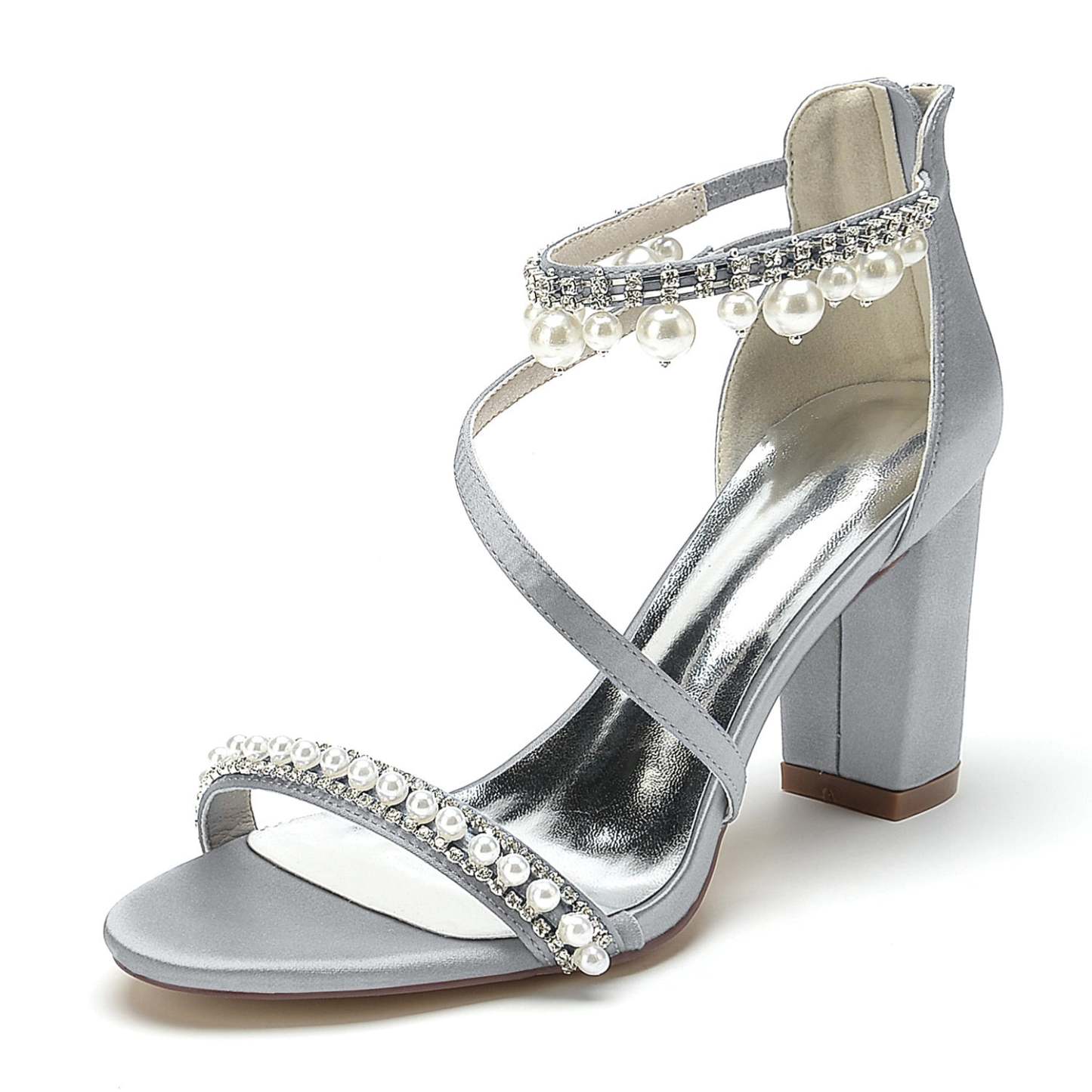 Bridal Shoes for Women with Open Toe Chunky Heel Rhinestone and Pearl Buckle