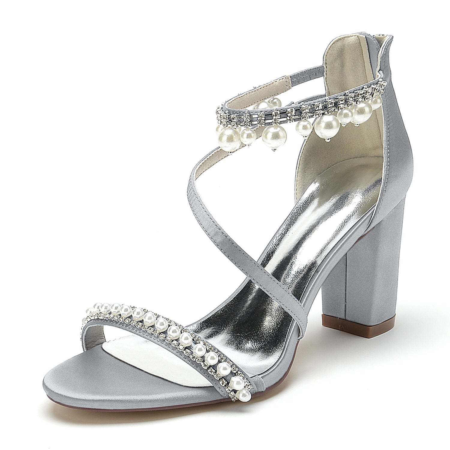 Bridal Shoes for Women with Open Toe Chunky Heel Rhinestone and Pearl Buckle