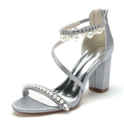 Bridal Shoes for Women with Open Toe Chunky Heel Rhinestone and Pearl Buckle