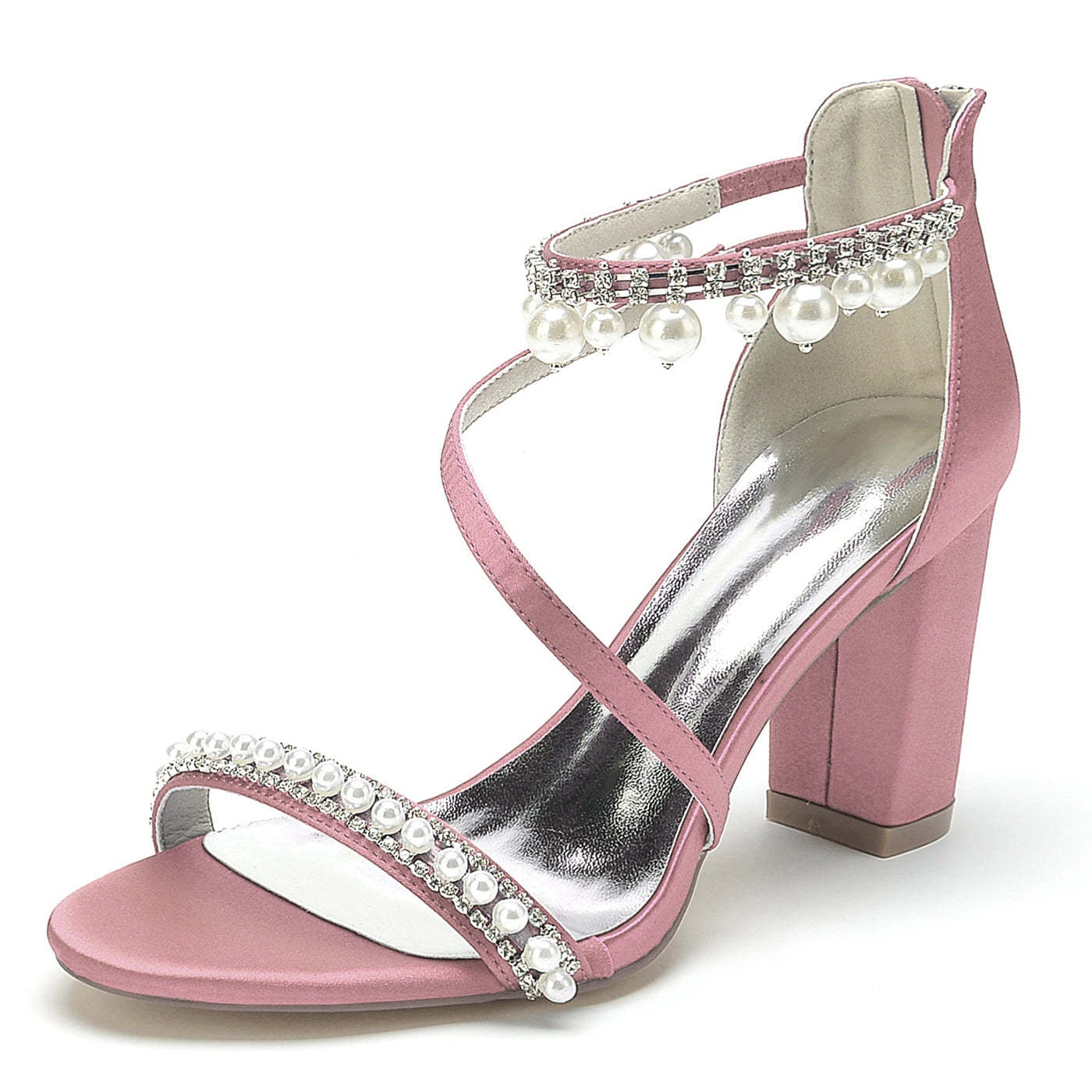 Bridal Shoes for Women with Open Toe Chunky Heel Rhinestone and Pearl Buckle