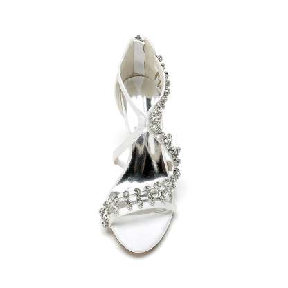 Bridal Shoes for Women with Open Toe Chunky Heel and Rhinestone Crossed Buckle