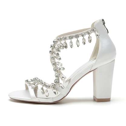 Bridal Shoes for Women with Open Toe Chunky Heel and Rhinestone Crossed Buckle