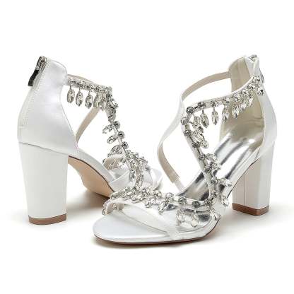 Bridal Shoes for Women with Open Toe Chunky Heel and Rhinestone Crossed Buckle