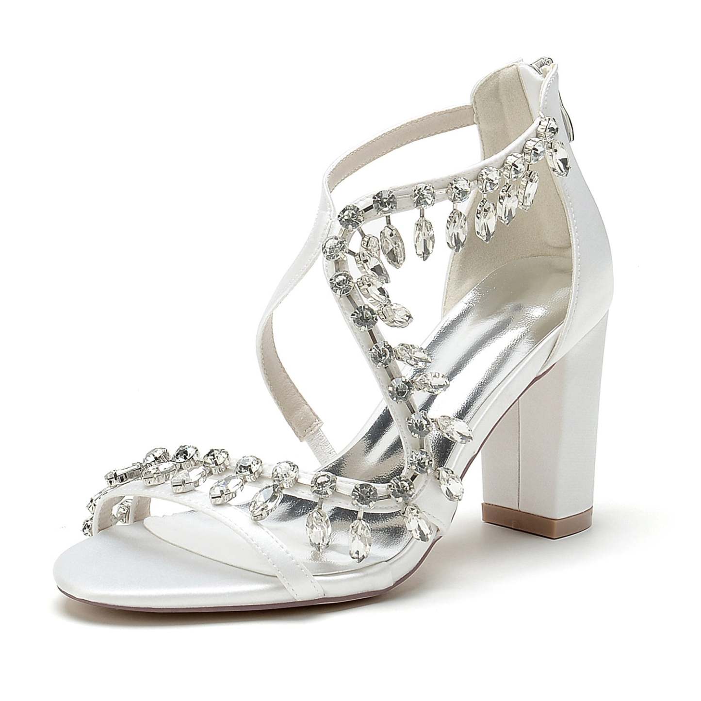 Bridal Shoes for Women with Open Toe Chunky Heel and Rhinestone Crossed Buckle