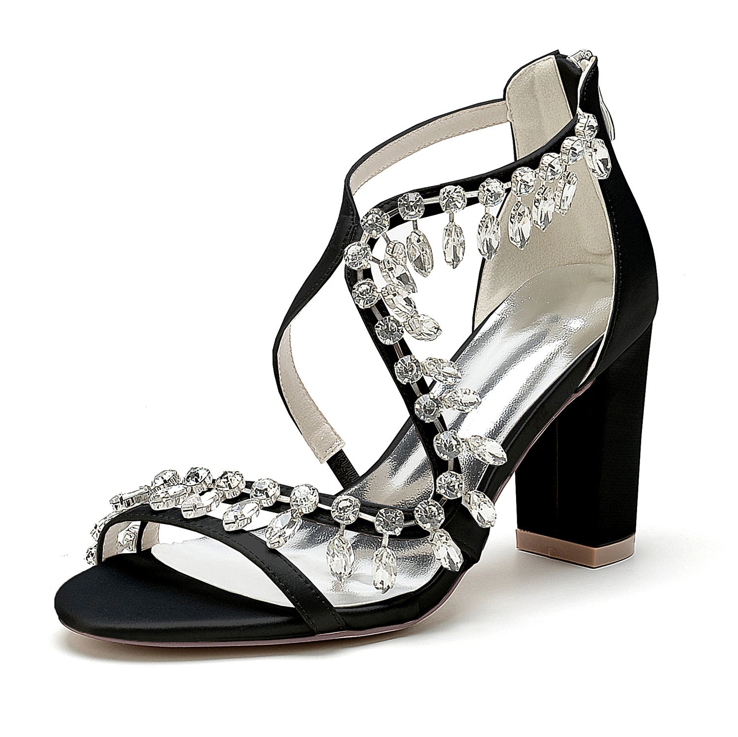 Bridal Shoes for Women with Open Toe Chunky Heel and Rhinestone Crossed Buckle