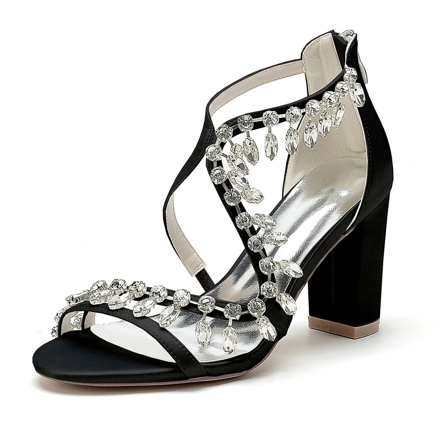 Bridal Shoes for Women with Open Toe Chunky Heel and Rhinestone Crossed Buckle