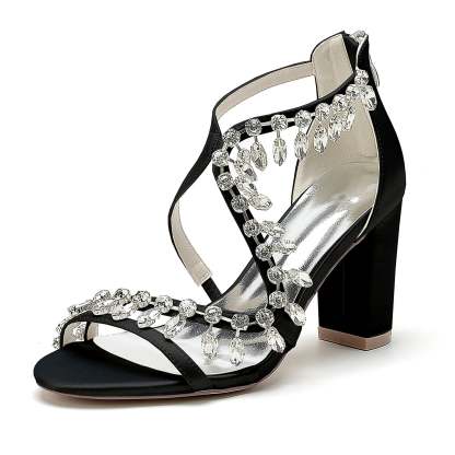 Bridal Shoes for Women with Open Toe Chunky Heel and Rhinestone Crossed Buckle