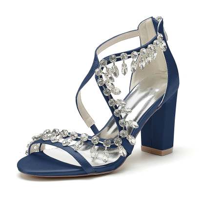Bridal Shoes for Women with Open Toe Chunky Heel and Rhinestone Crossed Buckle