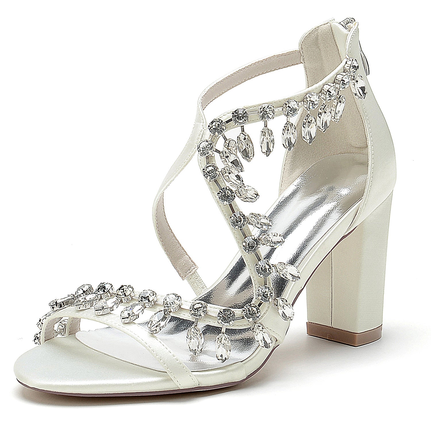 Bridal Shoes for Women with Open Toe Chunky Heel and Rhinestone Crossed Buckle