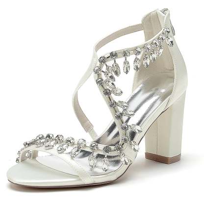 Bridal Shoes for Women with Open Toe Chunky Heel and Rhinestone Crossed Buckle