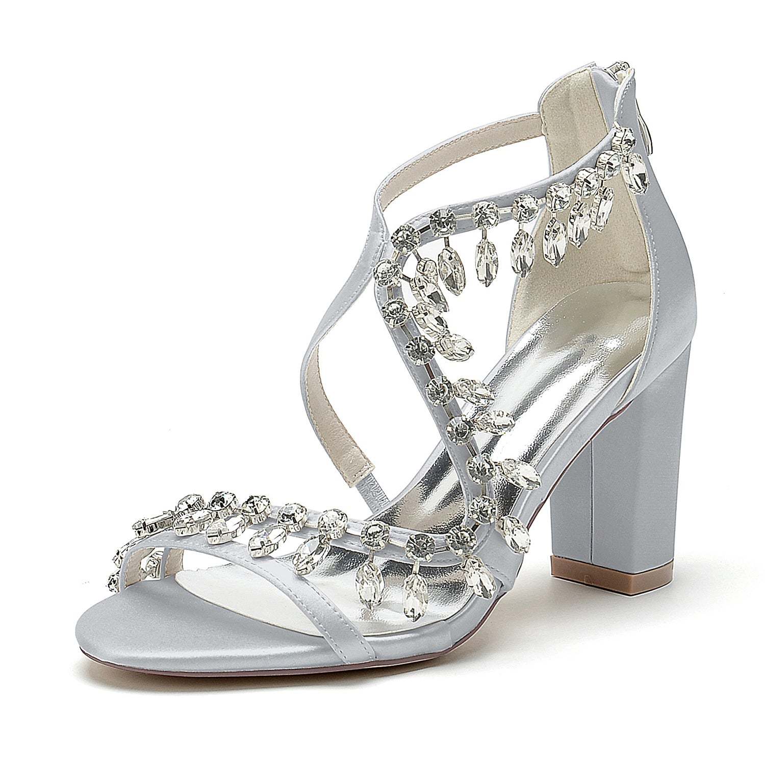 Bridal Shoes for Women with Open Toe Chunky Heel and Rhinestone Crossed Buckle