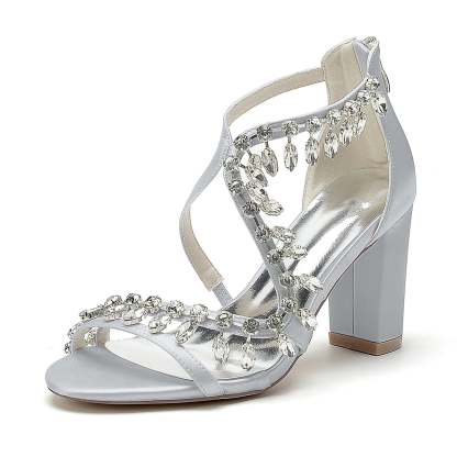 Bridal Shoes for Women with Open Toe Chunky Heel and Rhinestone Crossed Buckle