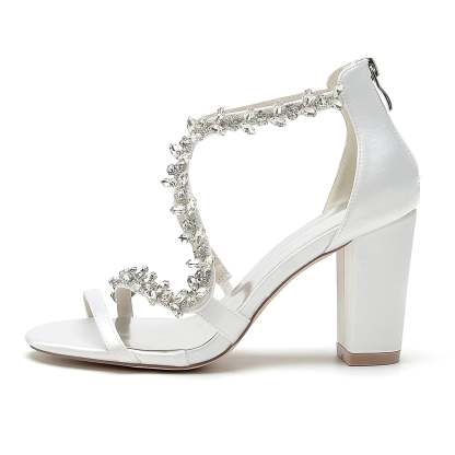 Bridal Shoes for Women with White Crossed Rhinestone Open Toe and Chunky Heel