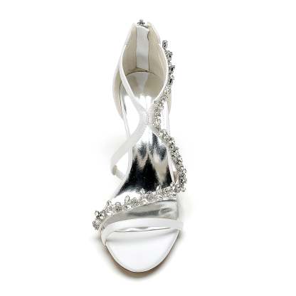 Bridal Shoes for Women with White Crossed Rhinestone Open Toe and Chunky Heel