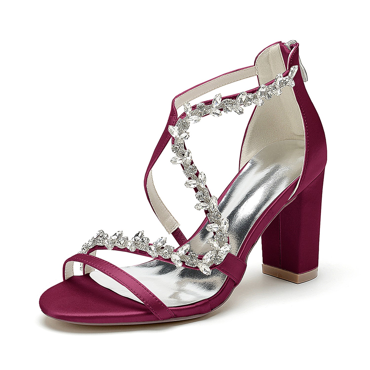 Bridal Shoes for Women with White Crossed Rhinestone Open Toe and Chunky Heel