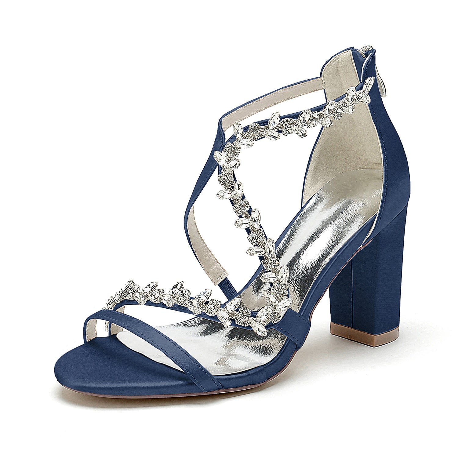 Bridal Shoes for Women with White Crossed Rhinestone Open Toe and Chunky Heel