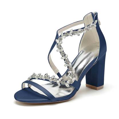 Bridal Shoes for Women with White Crossed Rhinestone Open Toe and Chunky Heel
