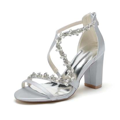 Bridal Shoes for Women with White Crossed Rhinestone Open Toe and Chunky Heel