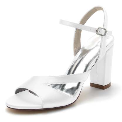 Bridal Silk Satin Peep Toe Shoes with Block Buckle for Women