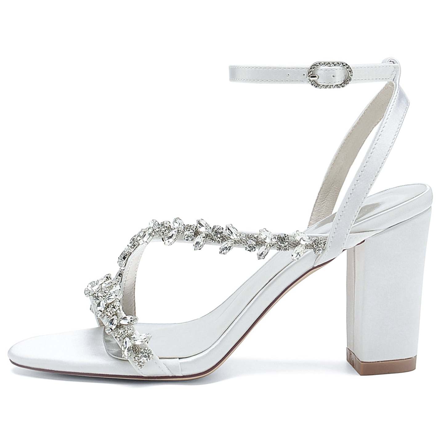 White Strappy Rhinestone Bridal Shoes with Opened Toe and Block Heel for Women