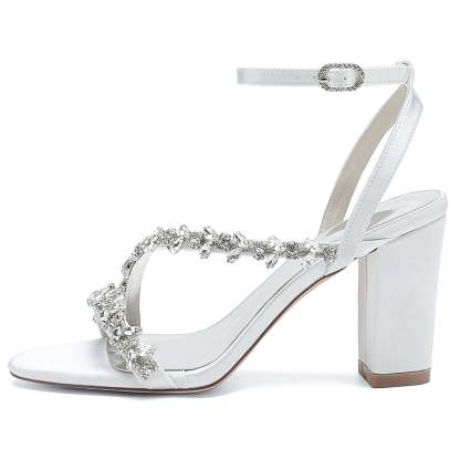 White Strappy Rhinestone Bridal Shoes with Opened Toe and Block Heel for Women