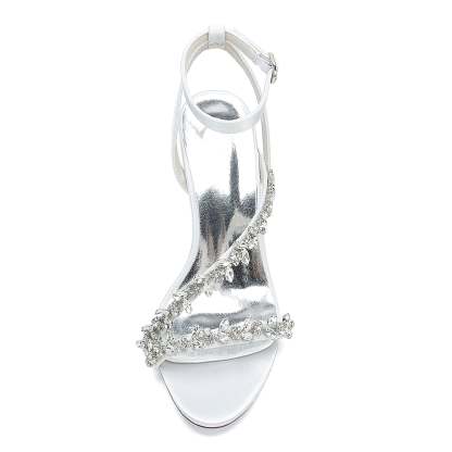 White Strappy Rhinestone Bridal Shoes with Opened Toe and Block Heel for Women
