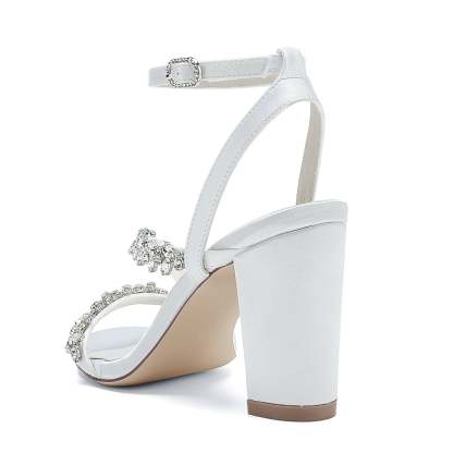 White Strappy Rhinestone Bridal Shoes with Opened Toe and Block Heel for Women
