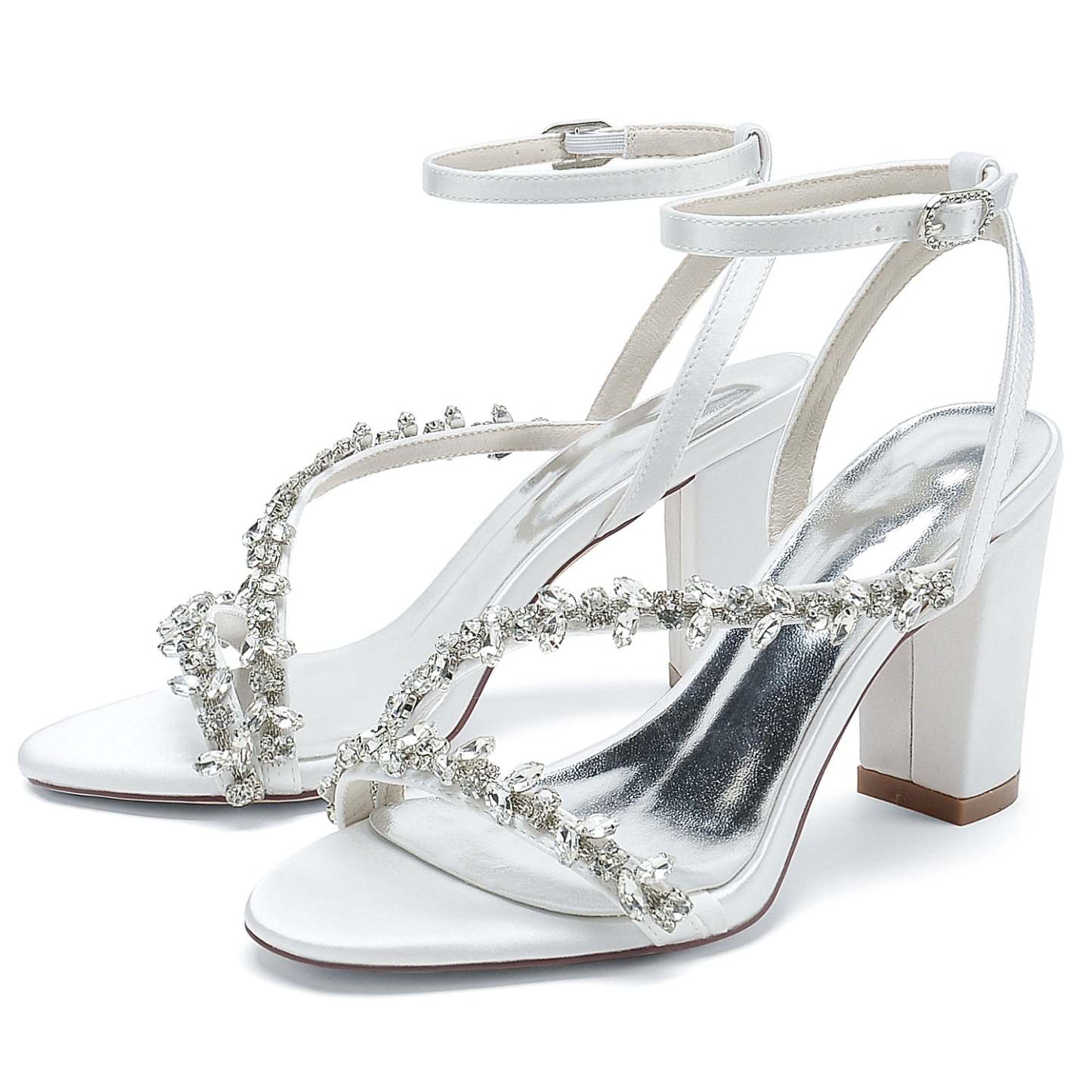 White Strappy Rhinestone Bridal Shoes with Opened Toe and Block Heel for Women