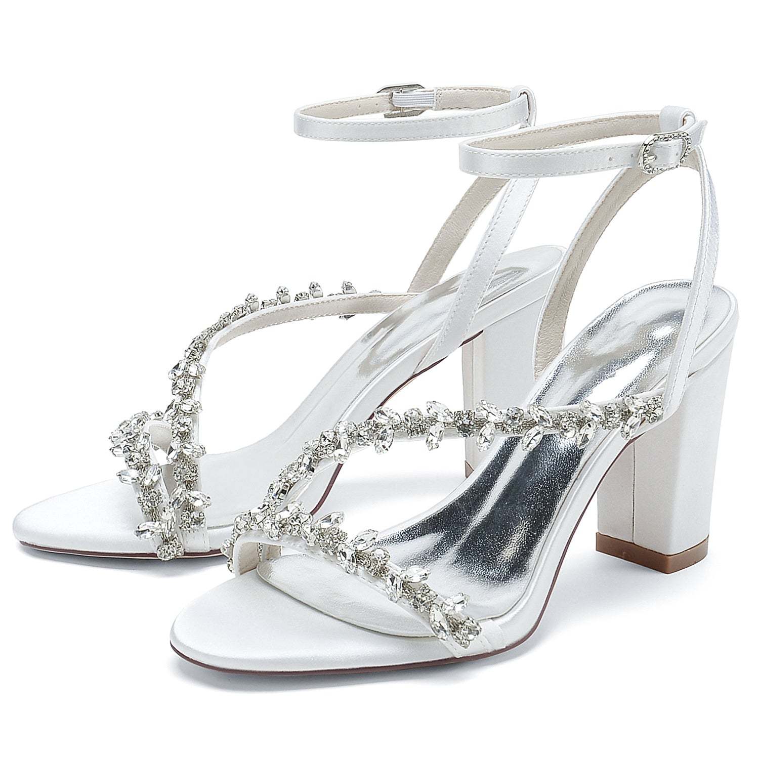 White Strappy Rhinestone Bridal Shoes with Opened Toe and Block Heel for Women