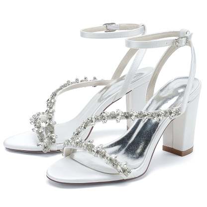 White Strappy Rhinestone Bridal Shoes with Opened Toe and Block Heel for Women