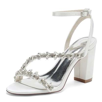 White Strappy Rhinestone Bridal Shoes with Opened Toe and Block Heel for Women