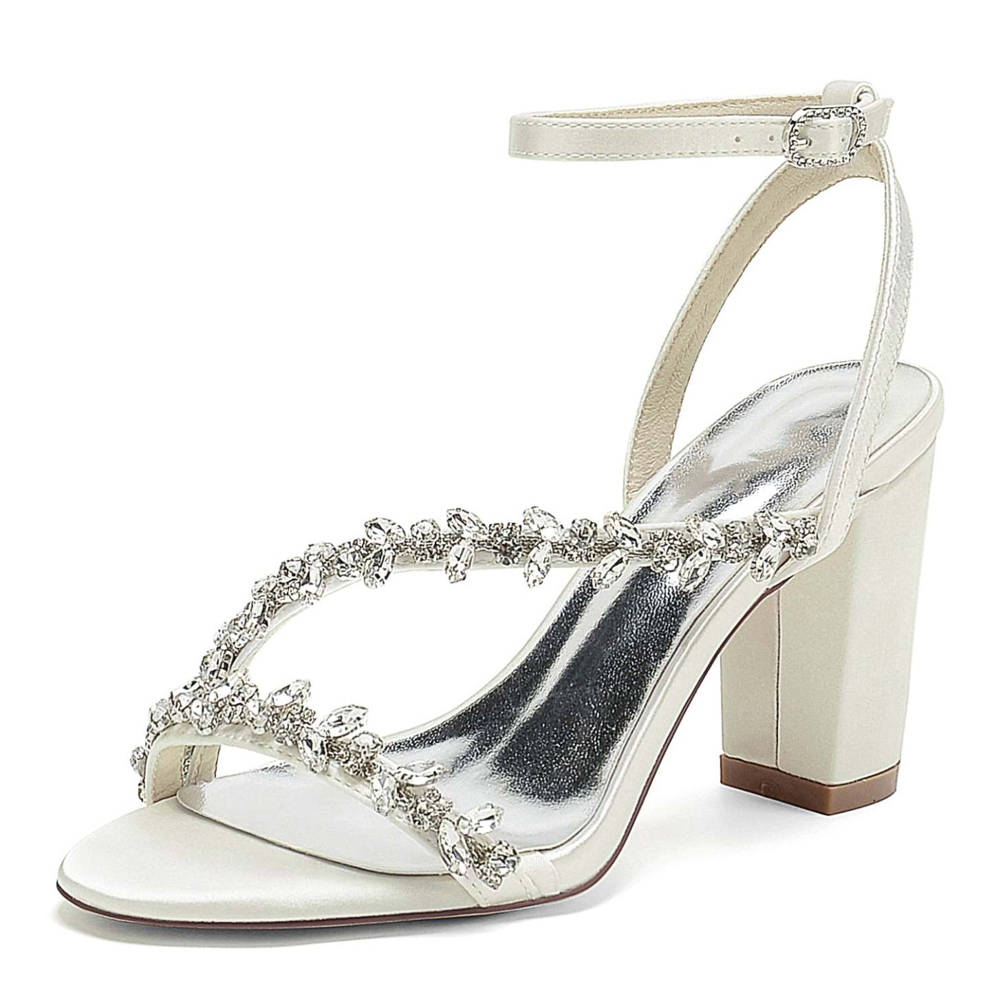 White Strappy Rhinestone Bridal Shoes with Opened Toe and Block Heel for Women