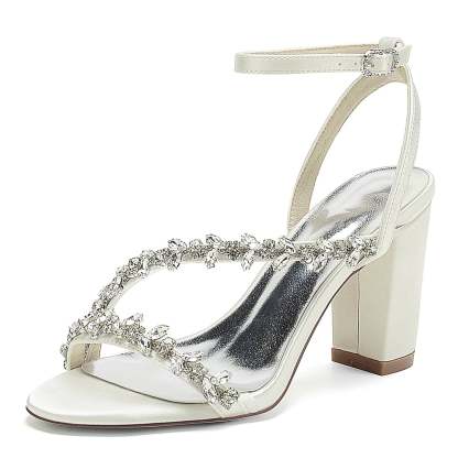 White Strappy Rhinestone Bridal Shoes with Opened Toe and Block Heel for Women