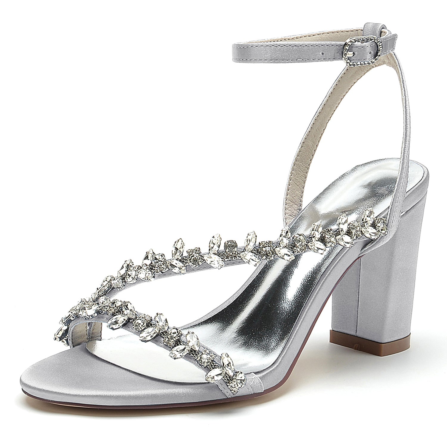 White Strappy Rhinestone Bridal Shoes with Opened Toe and Block Heel for Women