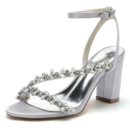 White Strappy Rhinestone Bridal Shoes with Opened Toe and Block Heel for Women