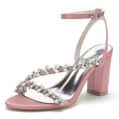 White Strappy Rhinestone Bridal Shoes with Opened Toe and Block Heel for Women