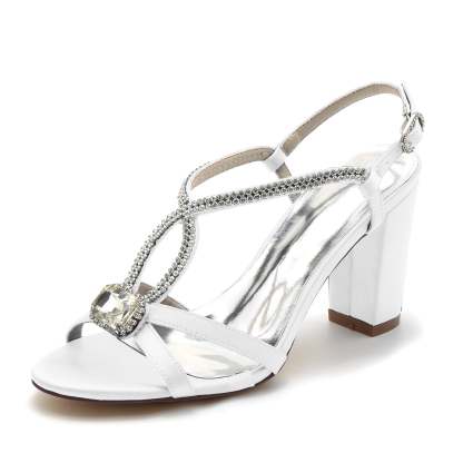 Bridal Shoes for Women with Rhinestone Peep Toe and Crossed Buckle Block Heel