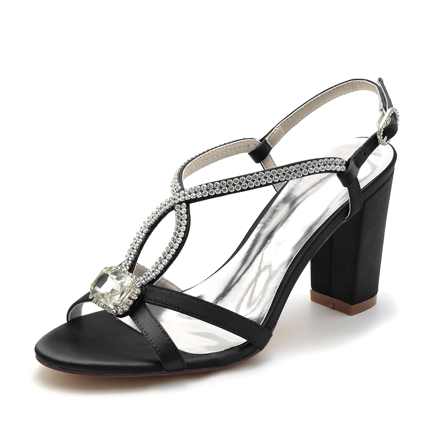 Bridal Shoes for Women with Rhinestone Peep Toe and Crossed Buckle Block Heel