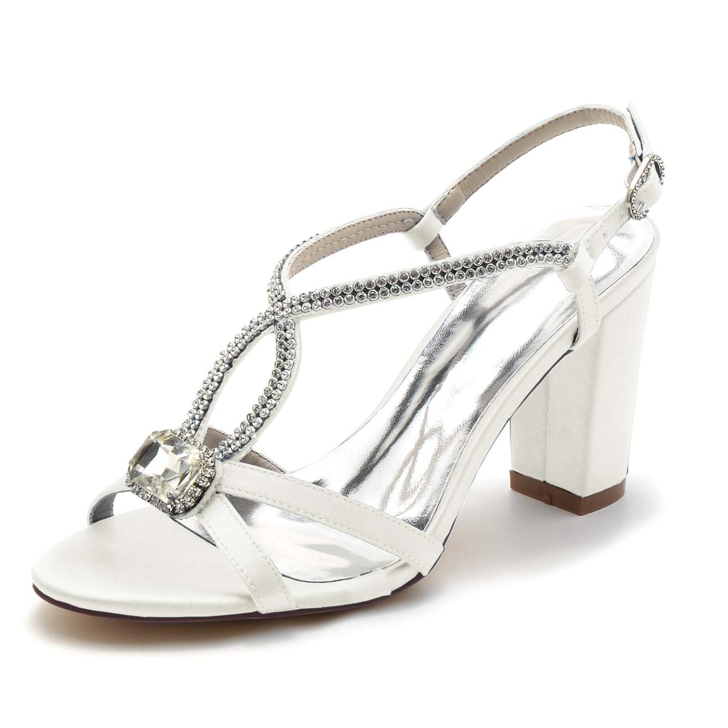 Bridal Shoes for Women with Rhinestone Peep Toe and Crossed Buckle Block Heel