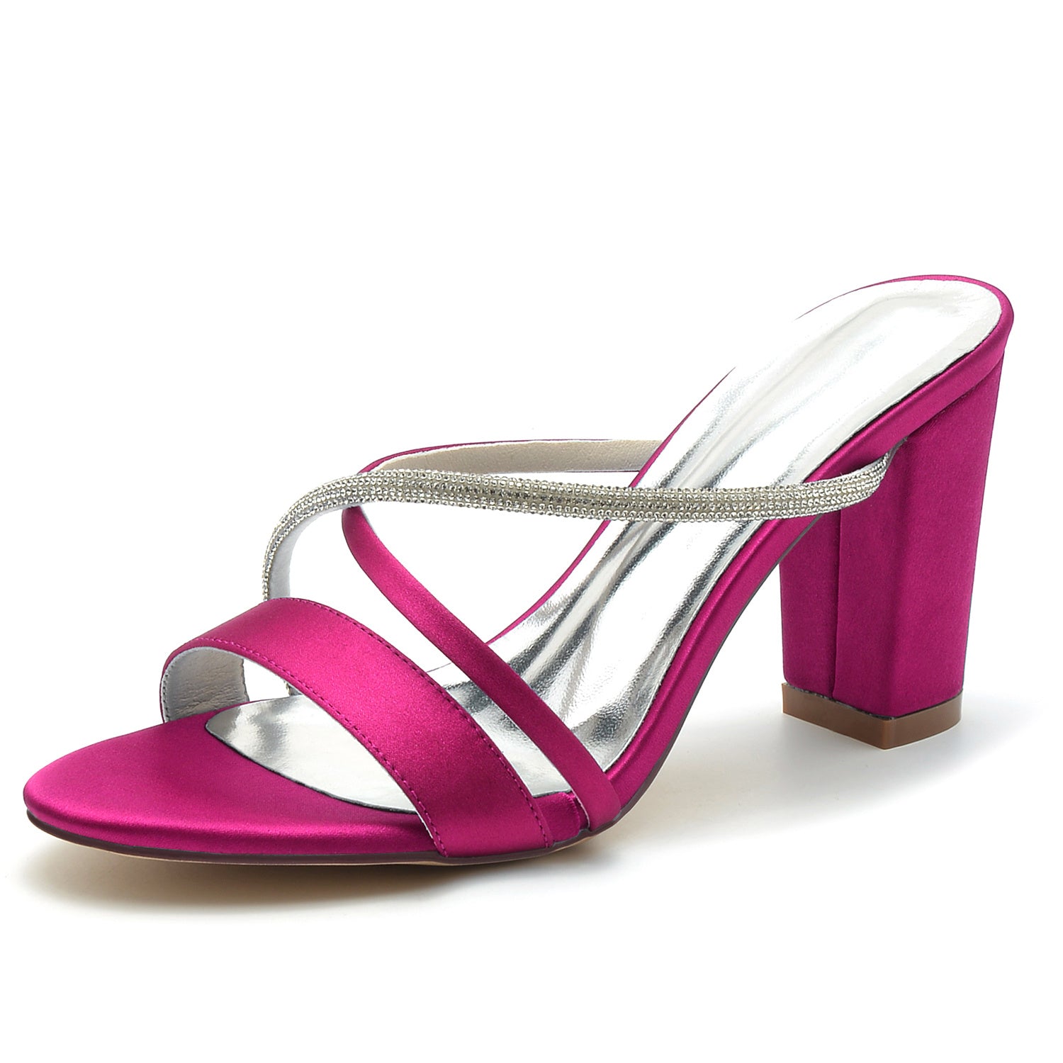 Bridal Mule Shoes for Women with Peep Toe Block Heel and Crystal Straps