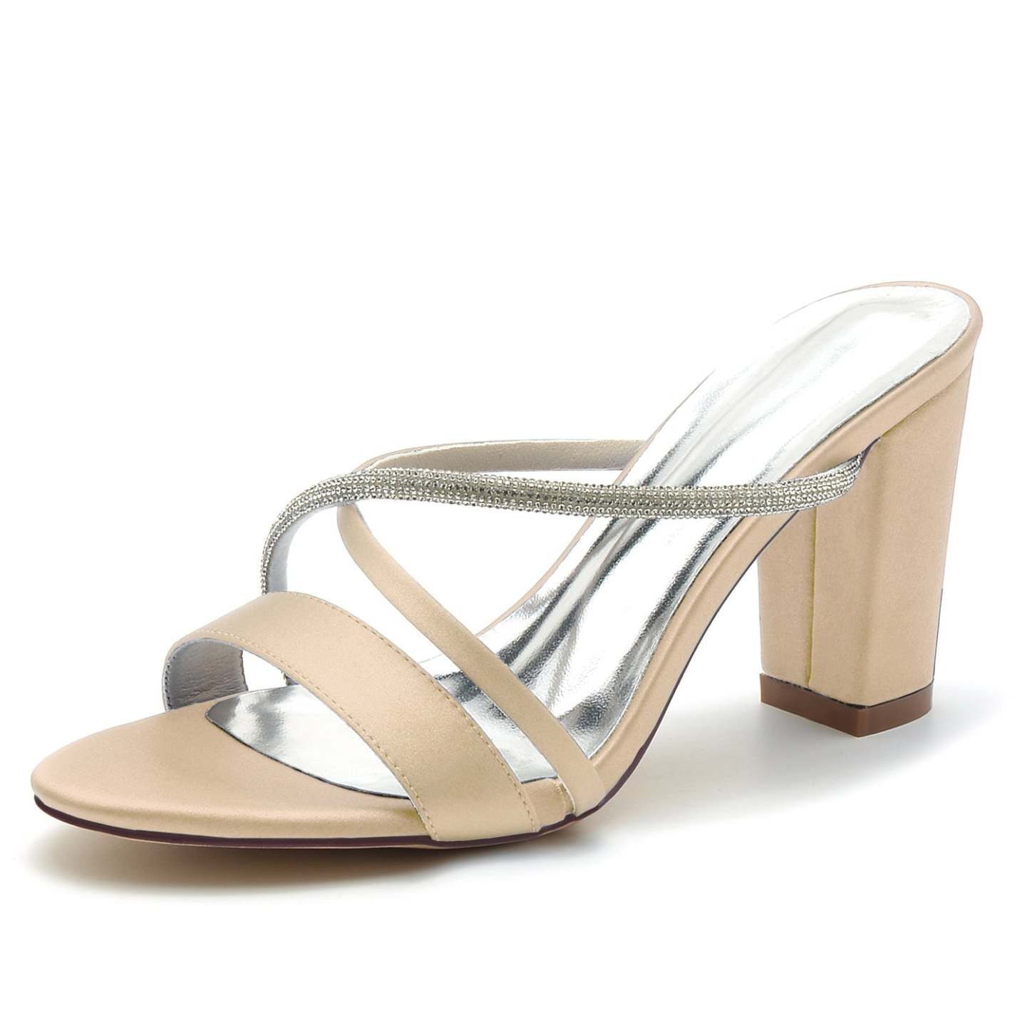 Bridal Mule Shoes for Women with Peep Toe Block Heel and Crystal Straps