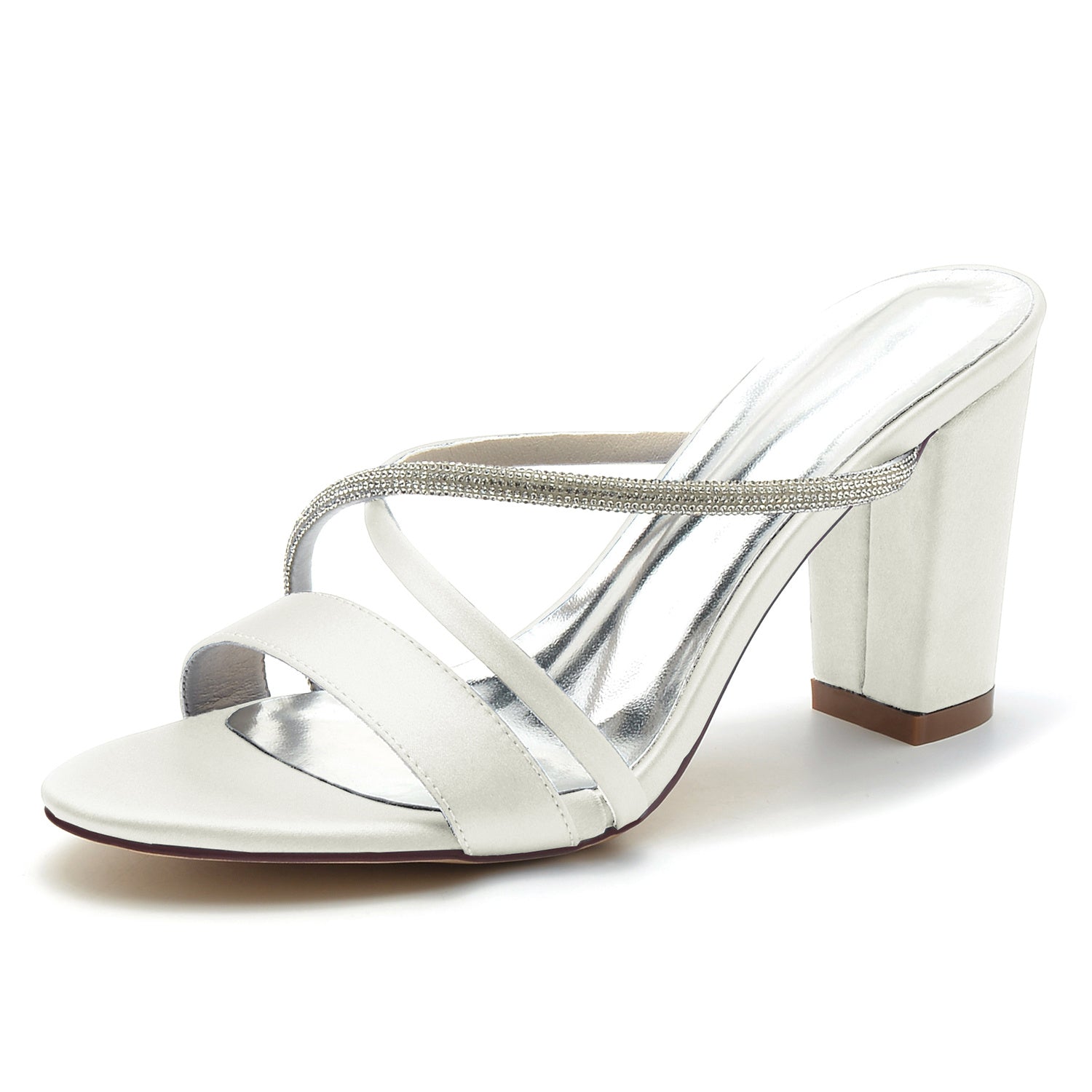 Bridal Mule Shoes for Women with Peep Toe Block Heel and Crystal Straps