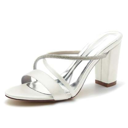 Bridal Mule Shoes for Women with Peep Toe Block Heel and Crystal Straps