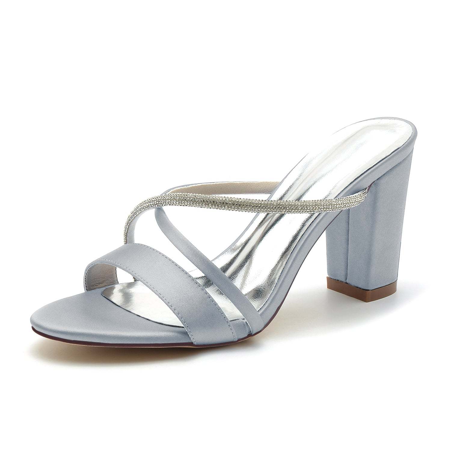 Bridal Mule Shoes for Women with Peep Toe Block Heel and Crystal Straps
