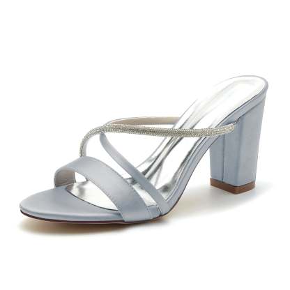 Bridal Mule Shoes for Women with Peep Toe Block Heel and Crystal Straps