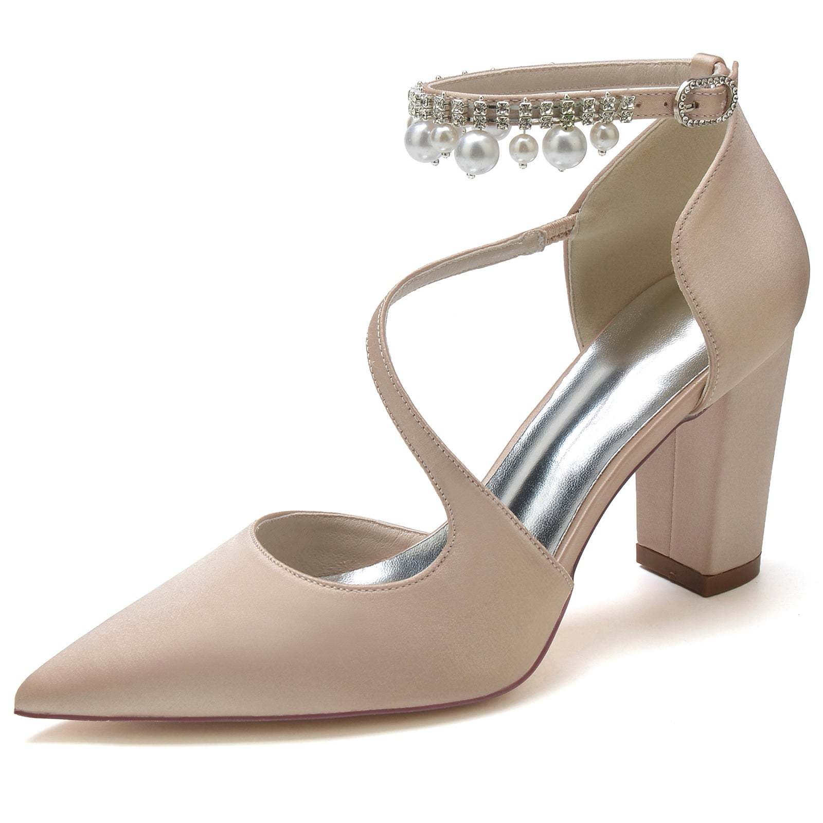 White Pearl Bridal Shoes for Women with Buckle and Pointed Toe